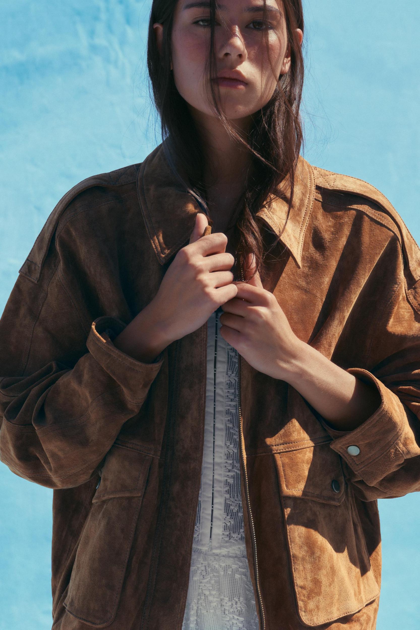 100% SUEDE BOMBER JACKET WITH POCKETS Product Image