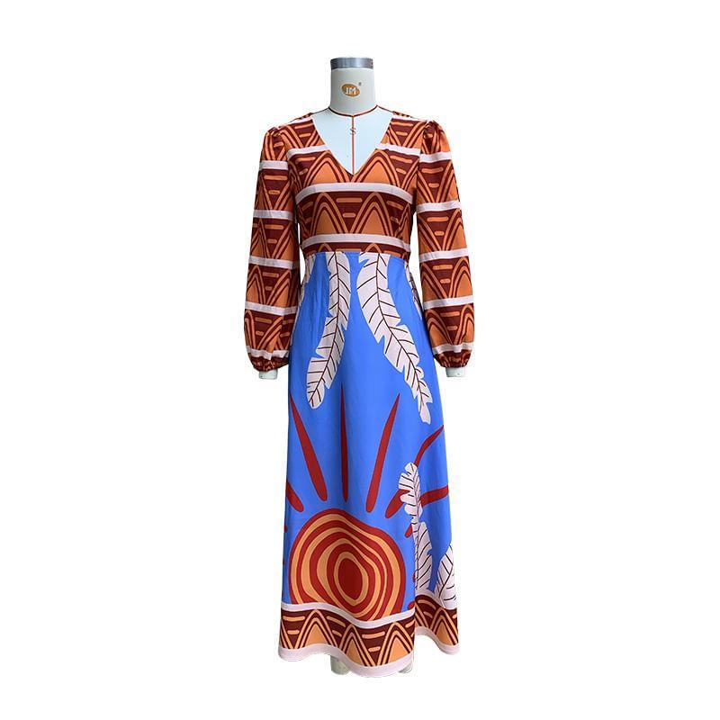 Elbow-Sleeve V-Neck Print Maxi A-Line Dress Product Image