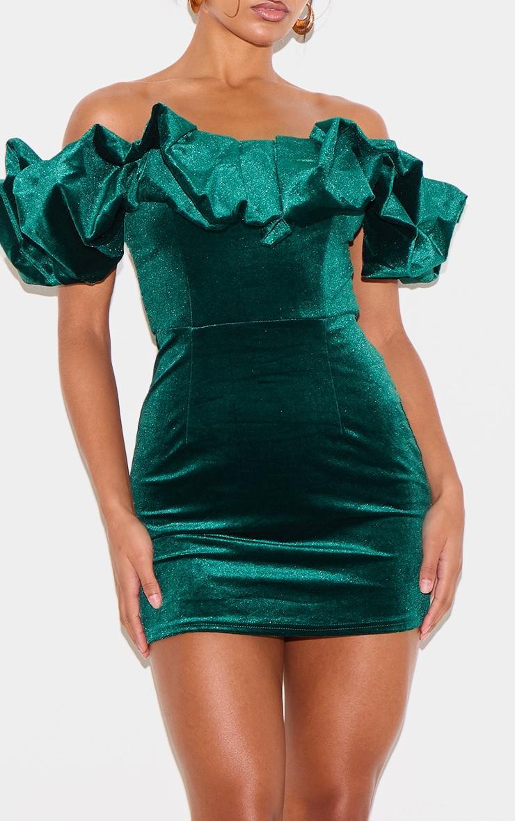 Emerald Green Velvet Bardot Ruffle Bodycon Dress Product Image