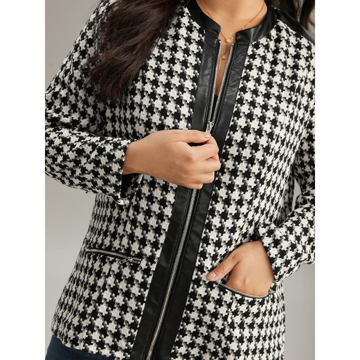 Plus Size Houndstooth PU Leather Patchwork Tweed Zipper Blazer Black Women Dailywear Houndstooth Contrast Sleeve Long Sleeve Open Front 14-16/1X Pocket Casual Blazers BloomChic Product Image