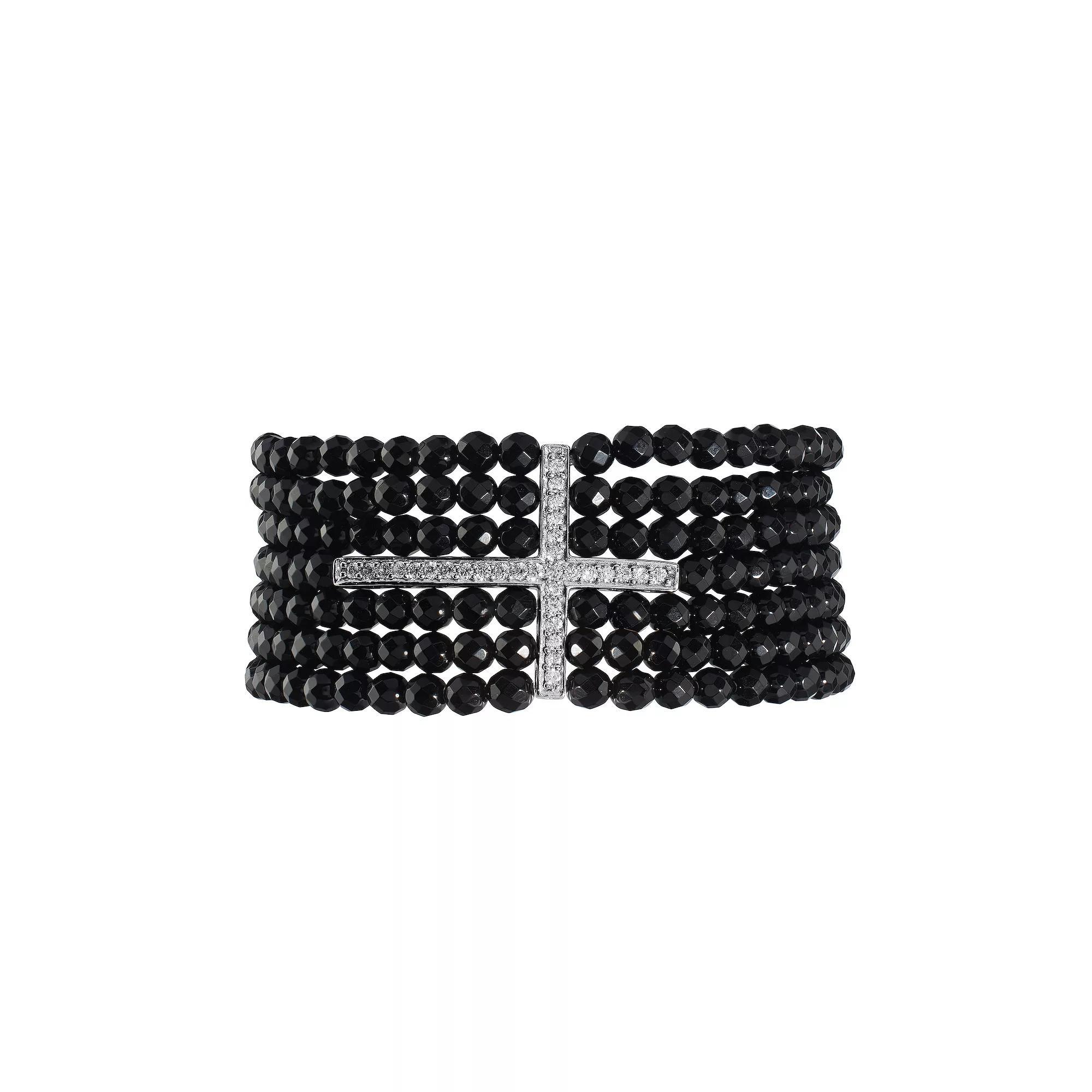 Athra NJ Inc Sterling Silver Cubic Zirconia Cross Black Onyx Beaded Stretch Bracelet, Women's, Size: 7" Product Image
