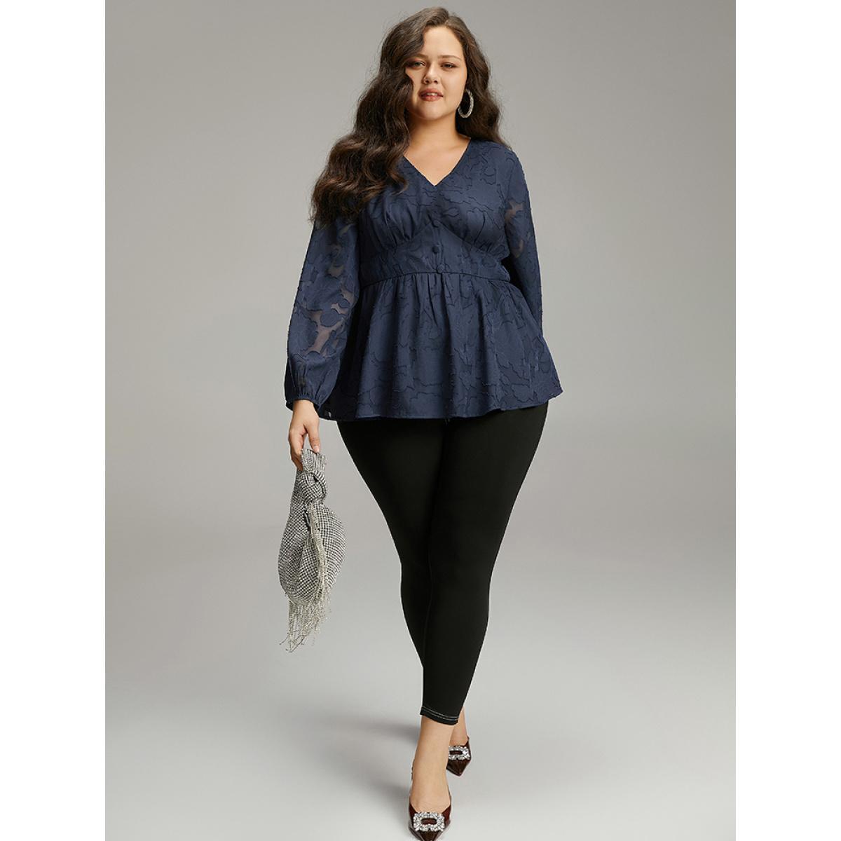 Plus Size Indigo Floral Mesh Elastic Waist Button Detail Blouse Women Glamour Long Sleeve V-neck Going out Blouses BloomChic 22-24/3X Product Image