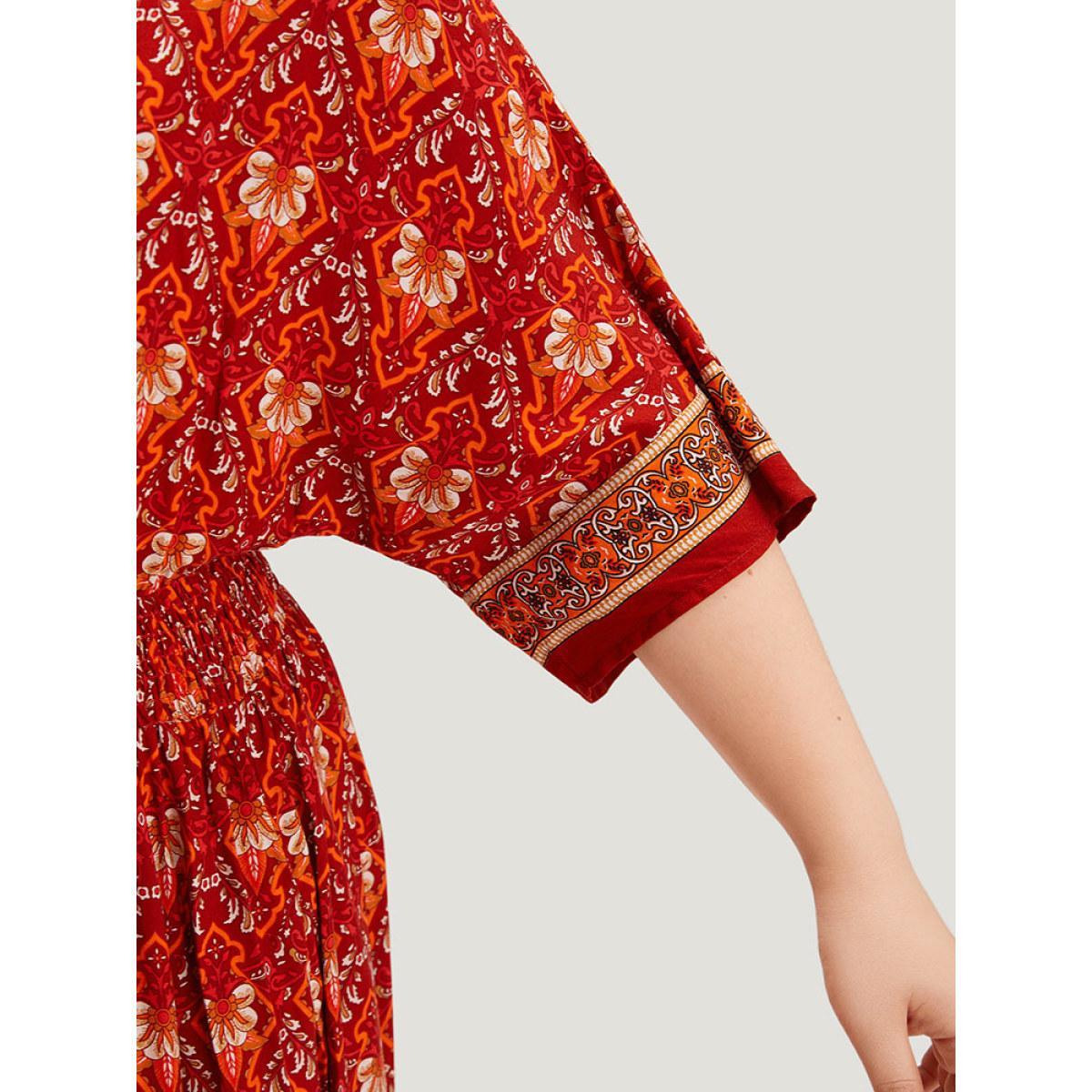 Plus Size Bandana Print Batwing Sleeve Shirred Dress Crimson Women Vacation Printed V-neck Half Sleeve Curvy Midi Dress BloomChic 30/6X Product Image