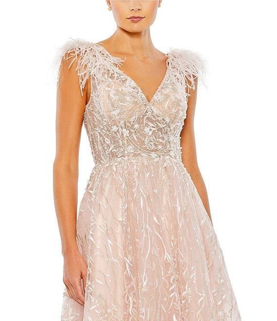 Mac Duggal V-neck Feather Trim Embroidered Mesh Aline Midi Dress Product Image