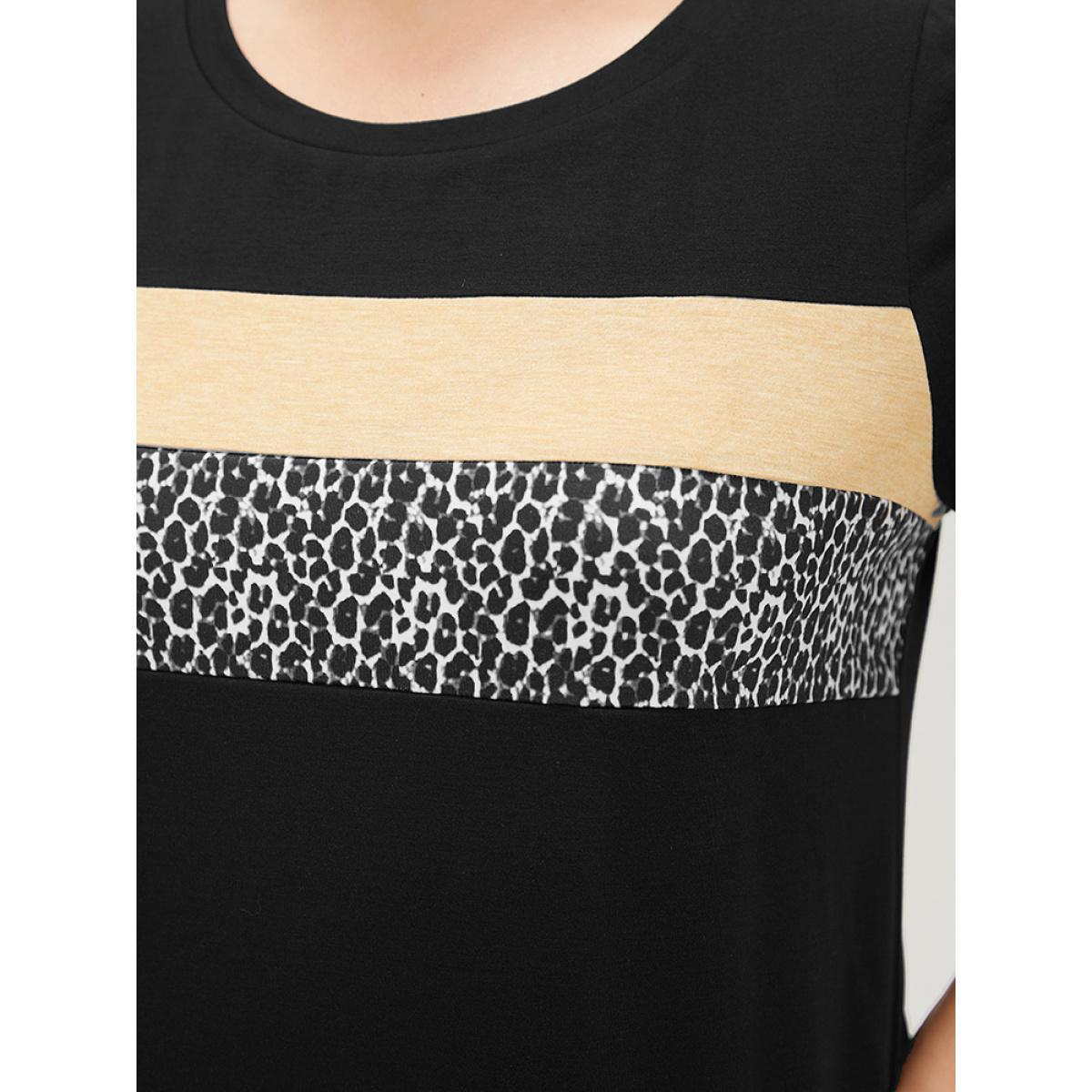Plus Size Supersoft Essentials Leopard Colorblock Contrast Round Neck T-shirt Black Women Casual Leopard Round Neck Dailywear T-shirts BloomChic 28/5X Product Image