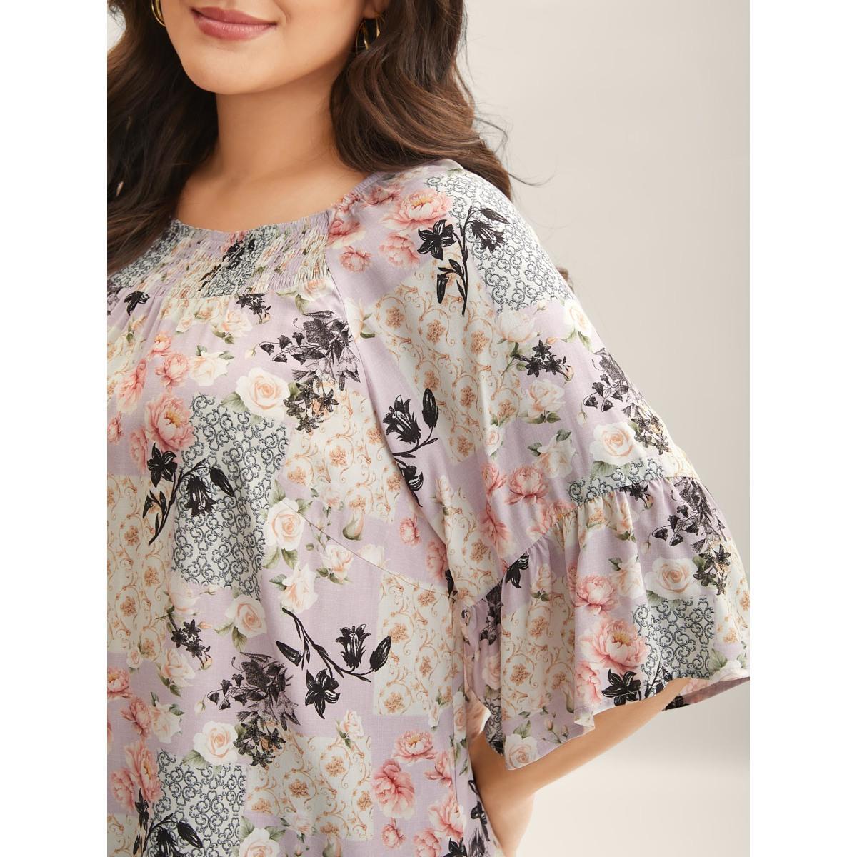 Plus Size Multicolor Floral Shirred Neck Flowy Blouse Women Elbow-length sleeve Round Neck Everyday-Elegant Blouses BloomChic 30/6X Product Image