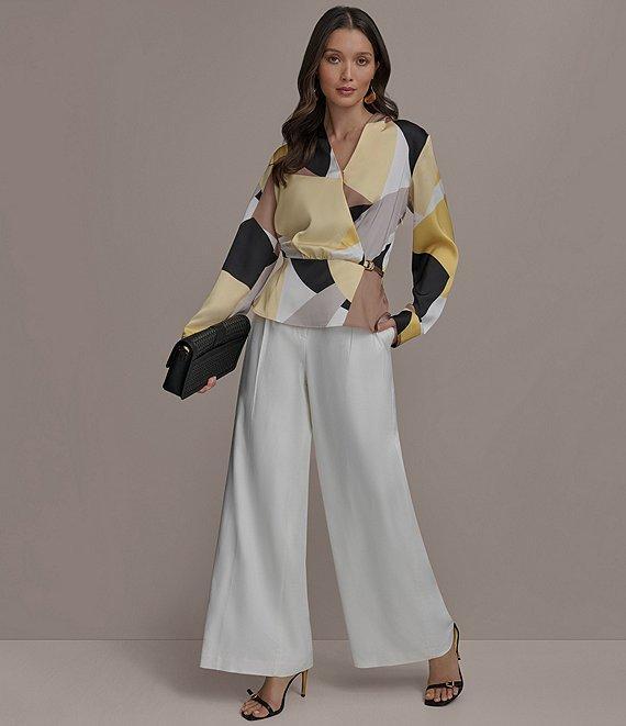 Donna Karan V-Neck, Long Sleeve Woven Print Faux Wrap Blouse Product Image