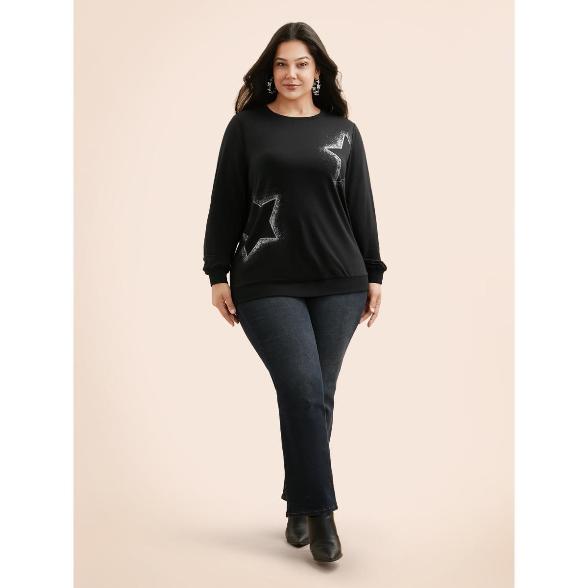 Plus Size Star Rhinestone Slightly Stretchy Sweatshirt Women Black Casual Rhinestone detailing Round Neck Everyday Sweatshirts BloomChic 22-24/3X Product Image