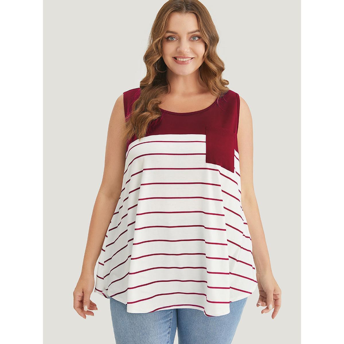 Plus Size Striped Patchwork Pocket Tank Top Women Burgundy Casual Round Neck Dailywear Tank Tops Camis BloomChic 30/6X Product Image