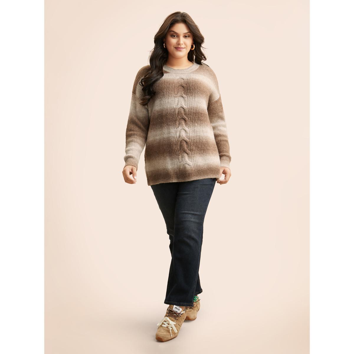 Plus Size Crew Neck Textured Drop Shoulder Pullover Yellowishbrown Women Casual Loose Long Sleeve Round Neck Everyday Pullovers BloomChic 28/5X Product Image
