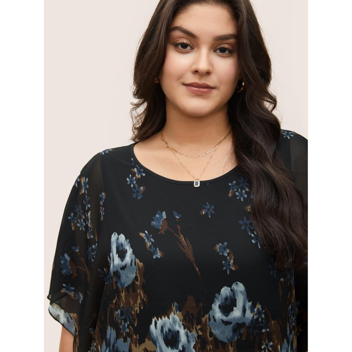 Plus Size Black Pixel Flower Shirred Batwing Sleeve Blouse Women Elegant Half Sleeve U-neck Everyday Blouses BloomChic 22-24/3X Product Image