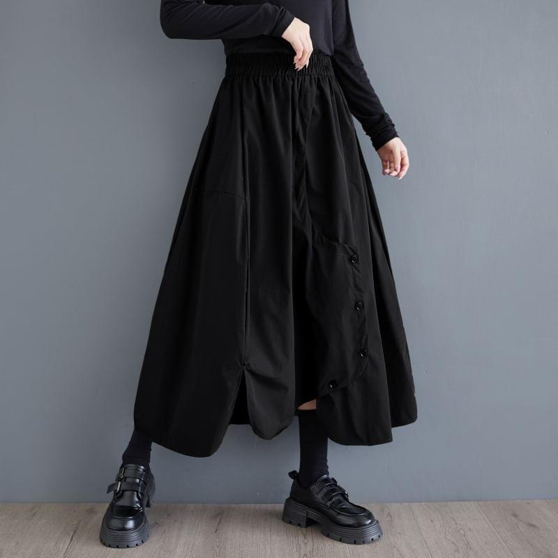 Elastic Waist Plain Asymmetrical Buttoned Slit Midi A-Line Skirt Product Image