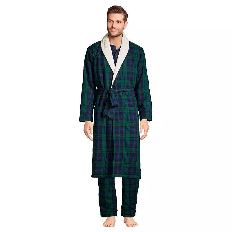 Mens Lands End Sherpa-Lined Flannel Robe Deep Blue Product Image