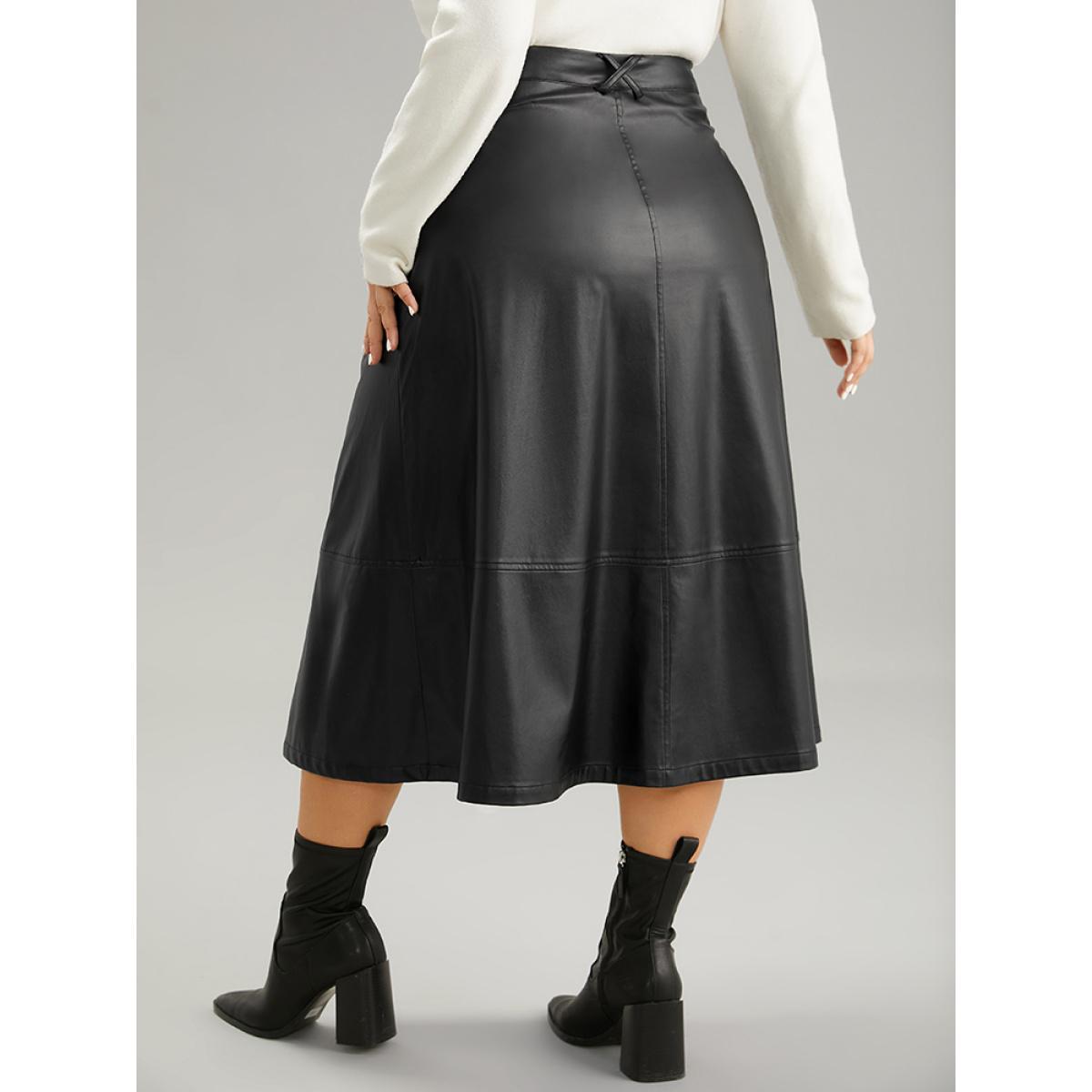 Plus Size PU Leather Pocket Elastic Waist Cropped Skirt Women Black Office Plain No stretch Pocket Work Skirts BloomChic 22-24/3X Product Image