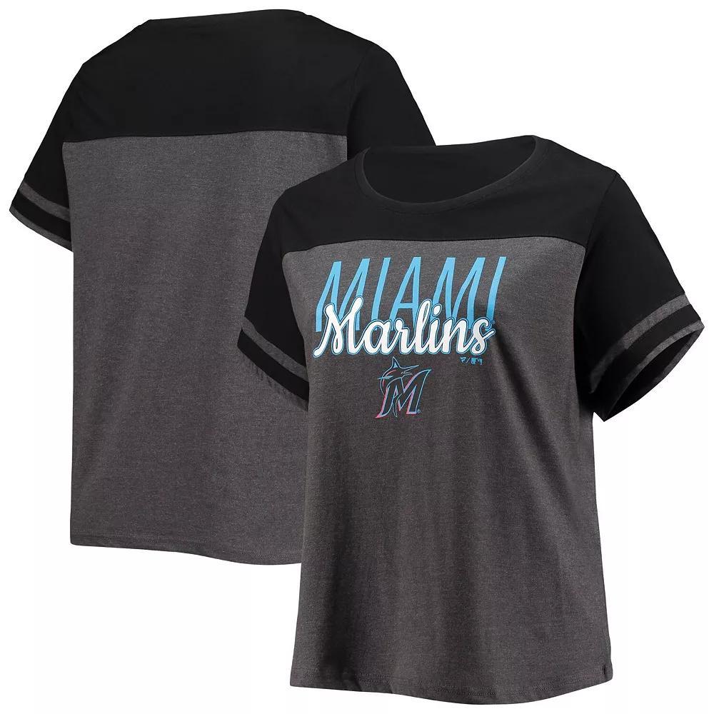 Women's Heathered Charcoal/Black Miami Marlins Plus Size Colorblock T-Shirt, Size: 3XL Product Image