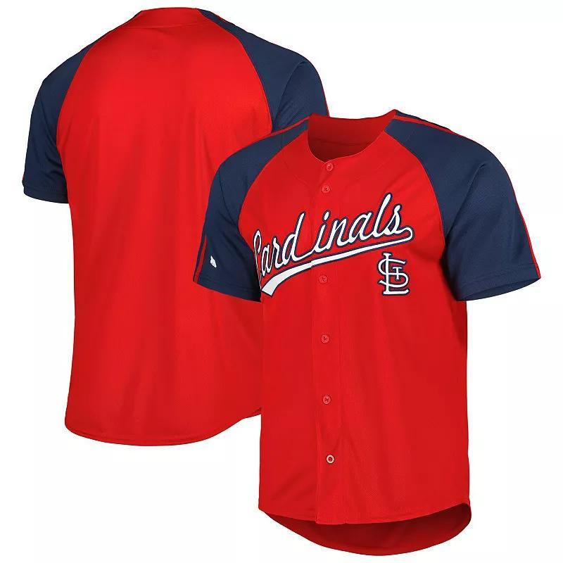 Men's Stitches Red St. Louis Cardinals Button-Down Raglan Fashion Jersey, Size: Medium Product Image