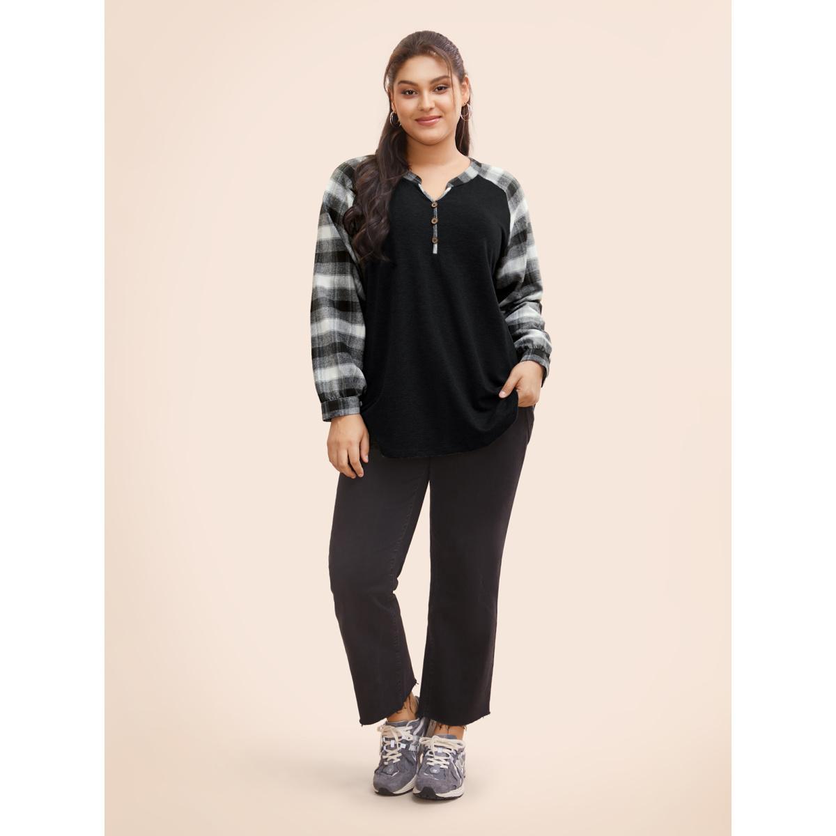 Plus Size Plaid Patchwork Notched Button Detail Sweatshirt Women Black Casual Patchwork Notched collar Everyday Sweatshirts BloomChic 14-16/1X Product Image