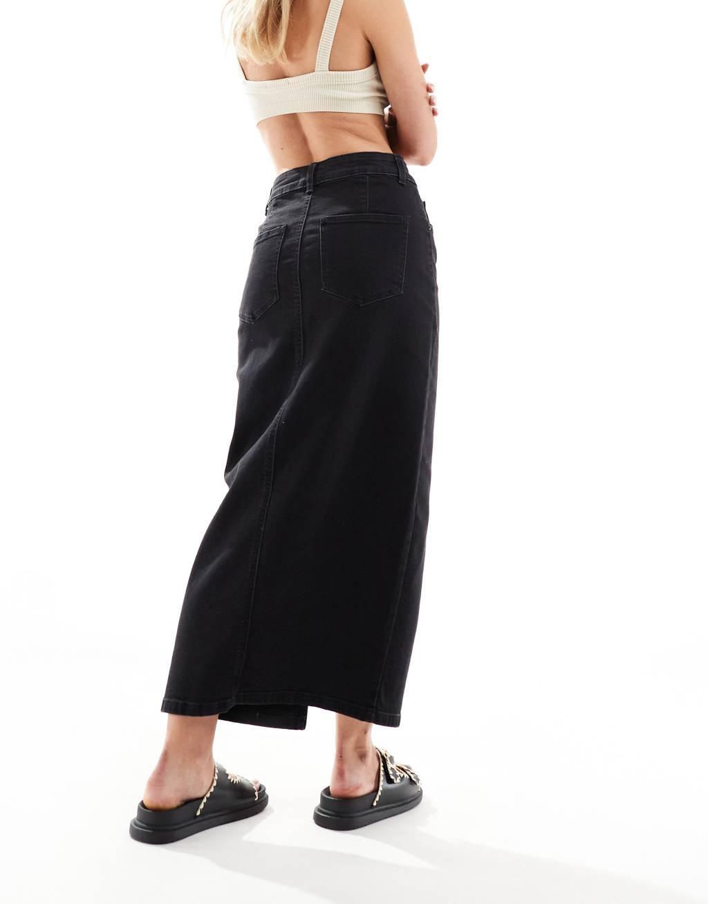 ASOS DESIGN Petite denim maxi skirt with split hem Product Image