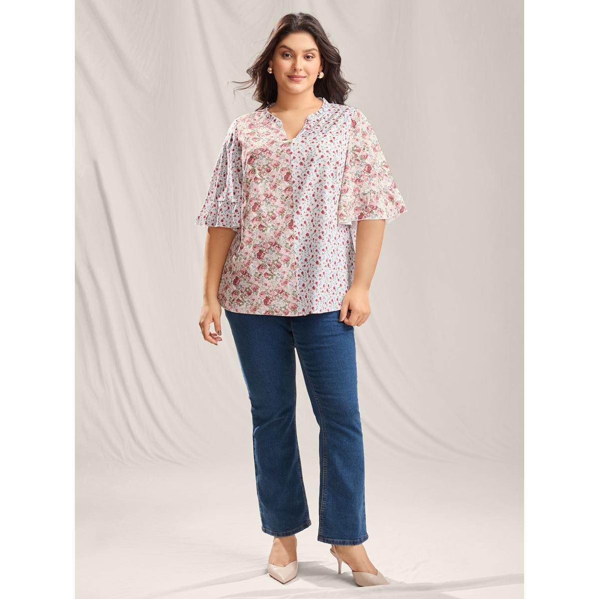 Plus Size Lightpink Floral Contrast Print Button Detail Blouse Women Half Sleeve Notched collar Everyday-Elegant Blouses BloomChic 12/L Product Image