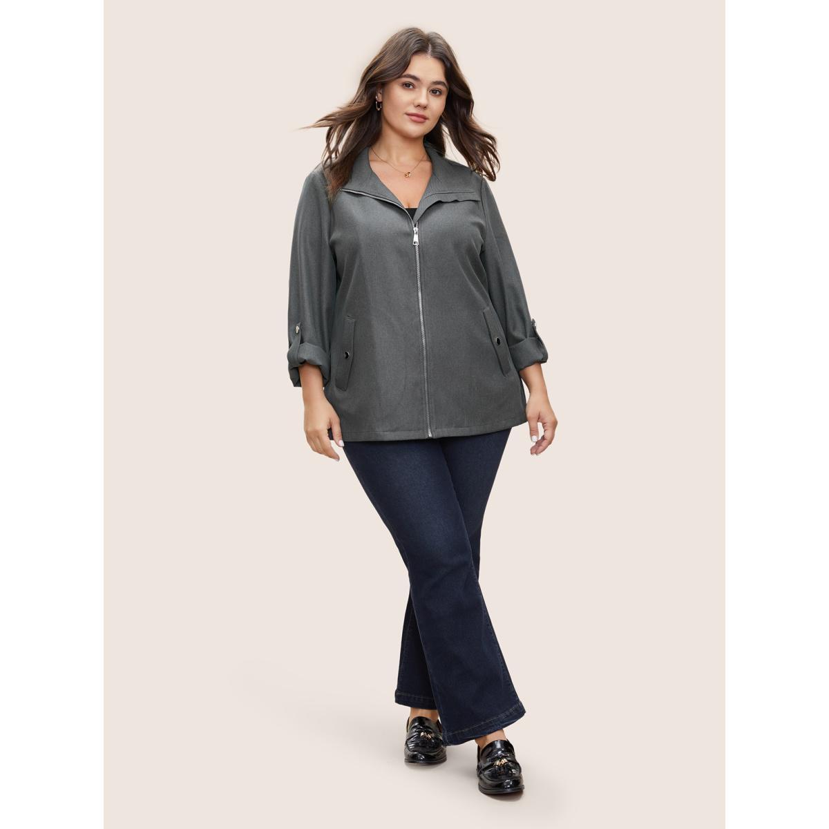 Plus Size Solid Zipper Button Detail Tab Sleeve Jacket Women DimGray Non Open pocket with flap Everyday Jackets BloomChic 14-16/1X Product Image