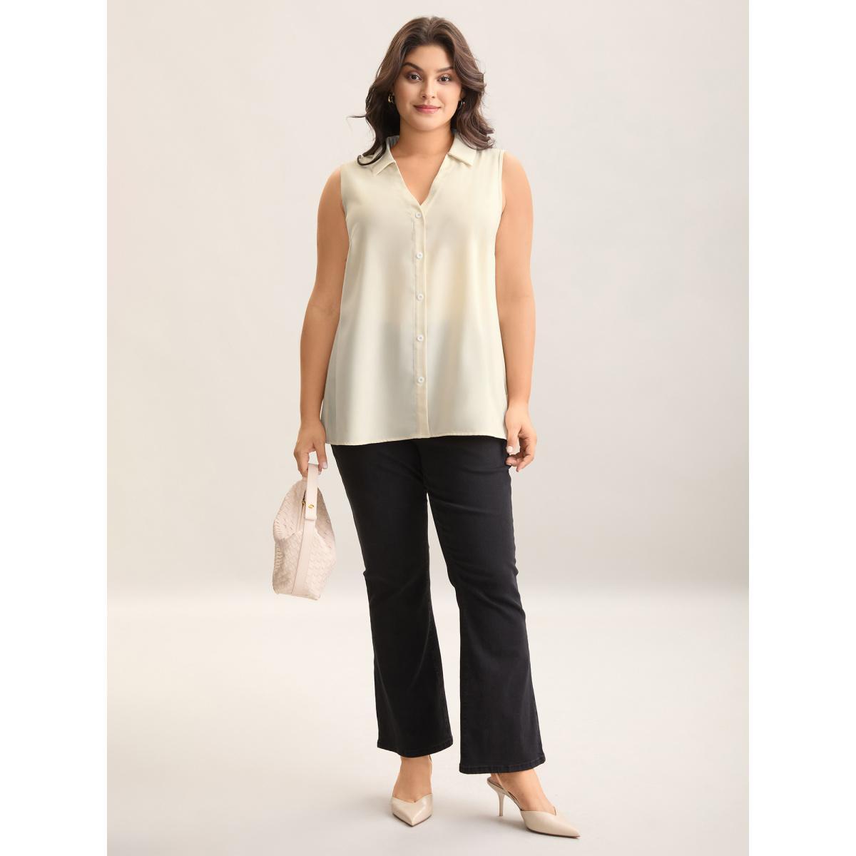 Plus Size Button Placket Collar Tank Top Women Beige Button Shirt collar Work Tank Tops Camis BloomChic 10/M Product Image