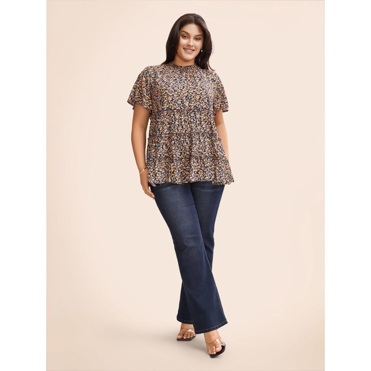 Plus Size Indigo Ditsy Floral Frill Trim Shirred Mock Neck Blouse Women Elegant Short sleeve Halter neck Dailywear Blouses BloomChic 30/6X Product Image