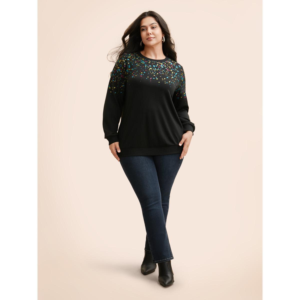 Plus Size Crew Neck Color Glitter Sweatshirt Women Black Casual Patchwork Round Neck Everyday Sweatshirts BloomChic 30/6X Product Image