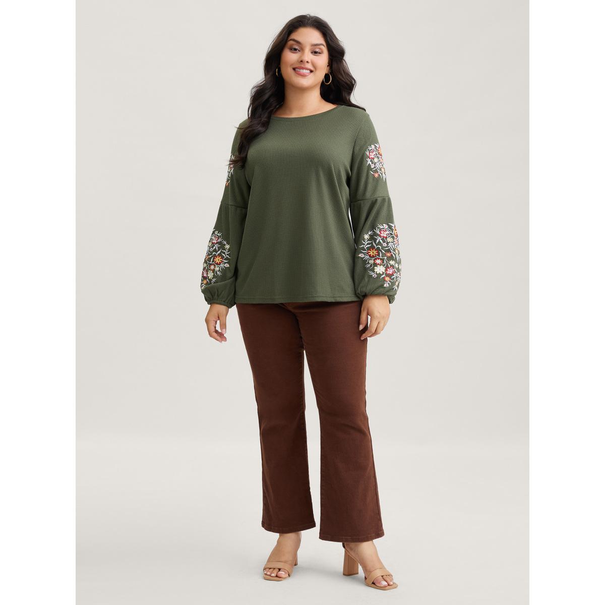 Plus Size Waffle Knit Floral Embroidered Lantern Sleeve T-shirt ArmyGreen Women Elegant Texture Floral Round Neck Everyday T-shirts BloomChic 14-16/1X Product Image