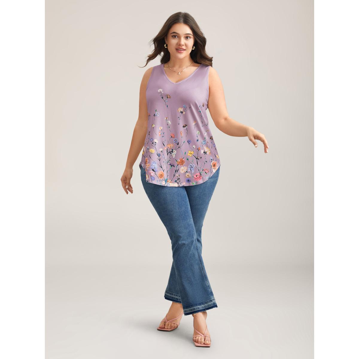 Plus Size Blooming Flowers Print Stretchy Vest Women Lilac Elegant Non V-neck Everyday Tank Tops Camis BloomChic 28/5X Product Image