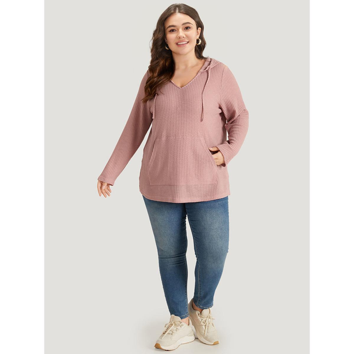 Plus Size Plain Waffle Knit Pocket Drawstring Hooded Sweatshirt Women Pink Casual Plain Hooded Dailywear Sweatshirts BloomChic 28/5X Product Image