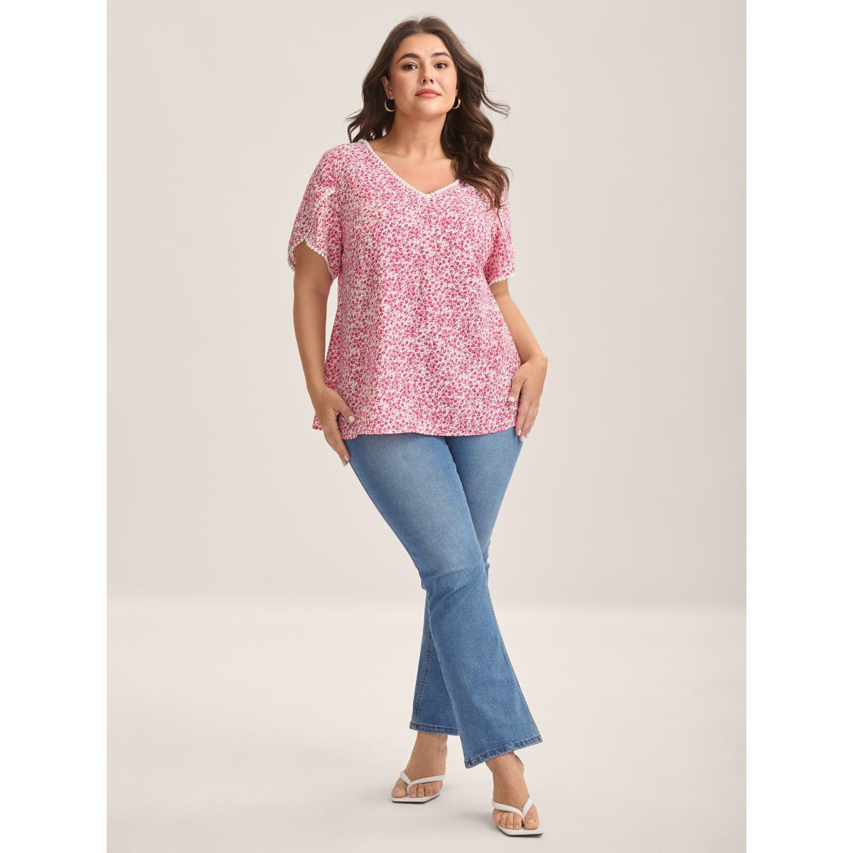 Plus Size WhiteSmoke Petal Sleeve Floral Lace Spliced Shirt Women Elegant Short sleeve V-neck Everyday Blouses BloomChic 26/4X Product Image