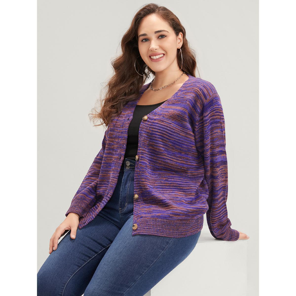 Plus Size Space Dye Pointelle Knit Button Front Heather Cardigan Eggplant Women Casual Loose Long Sleeve Dailywear Cardigans BloomChic 22-24/3X Product Image