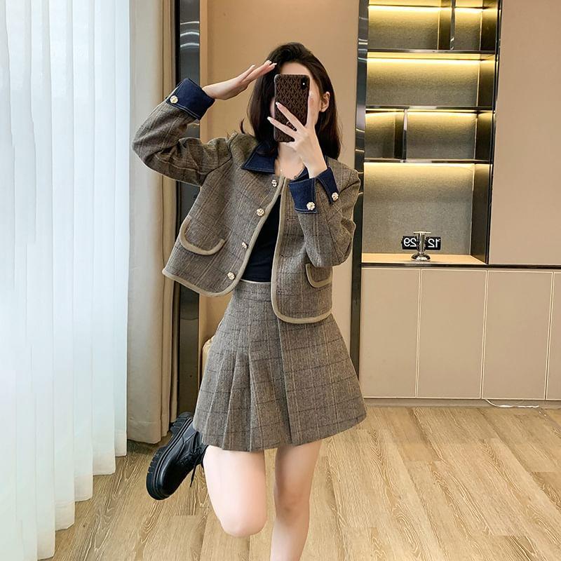 Set: Denim Collar Plaid Button-Up Jacket + High Rise Pleated Mini A-Line Skirt Product Image