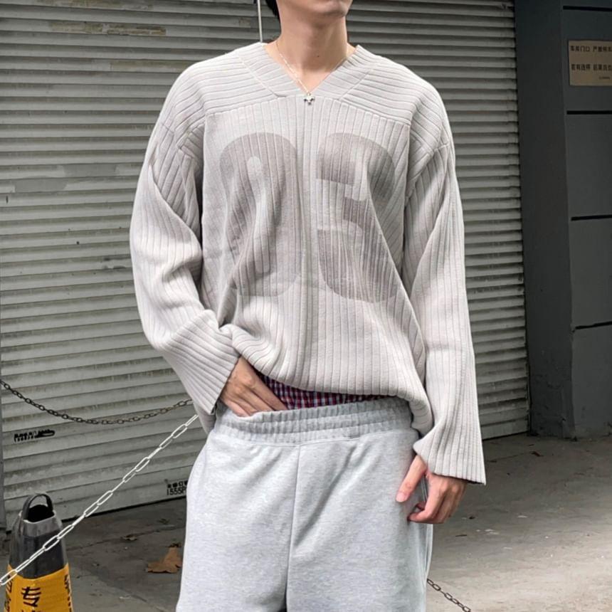 Long-Sleeve V-Neck Number Print Knit Top Product Image