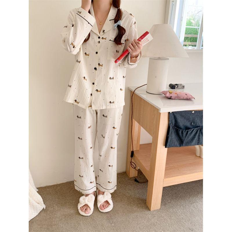 Couple Matching Pajama Set: Long-Sleeve Lapel Collar Dog Print Button-Up Top + Pants (Various Designs) Product Image