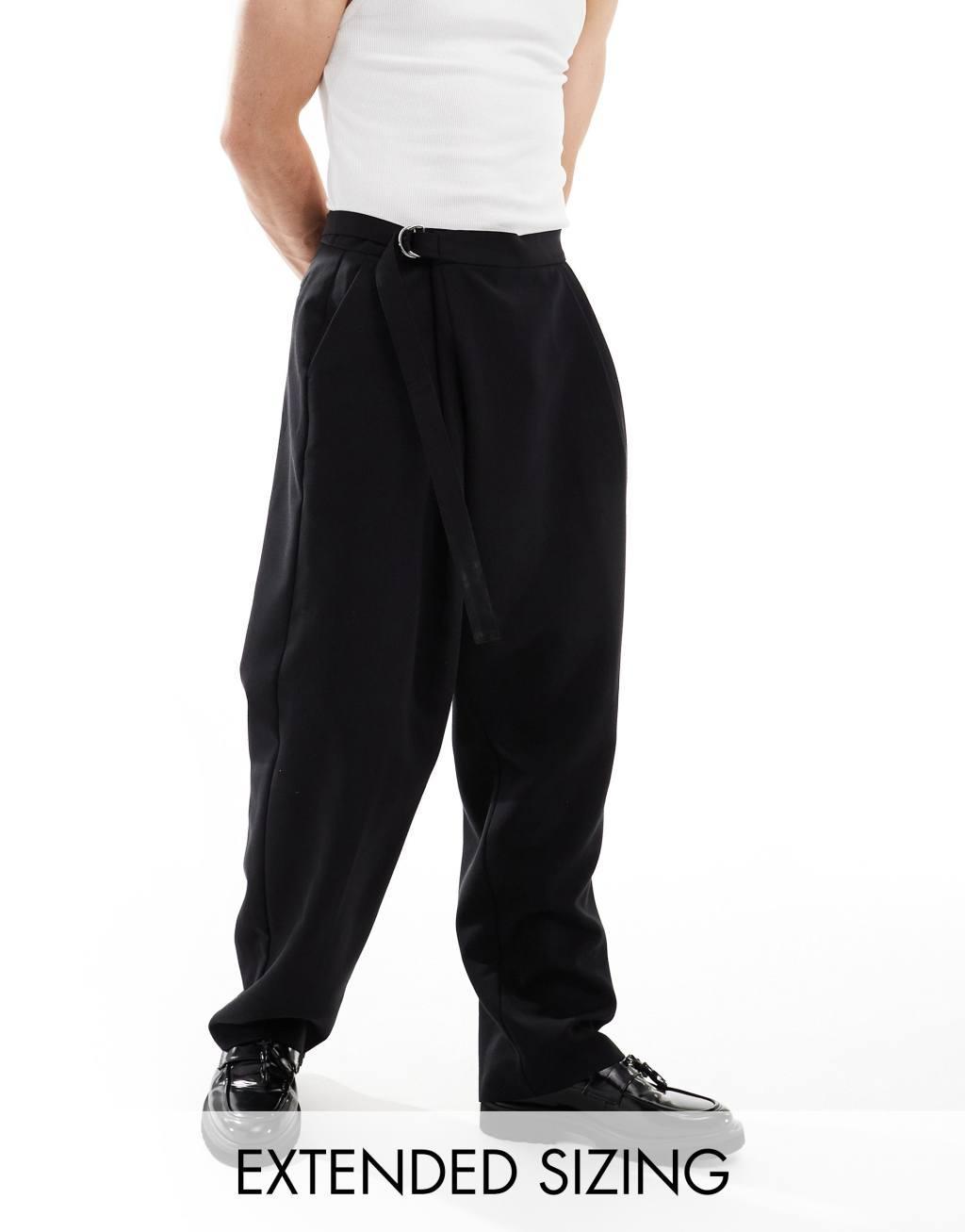ASOS DESIGN wide leg dress pants with crossover side belt in black Product Image