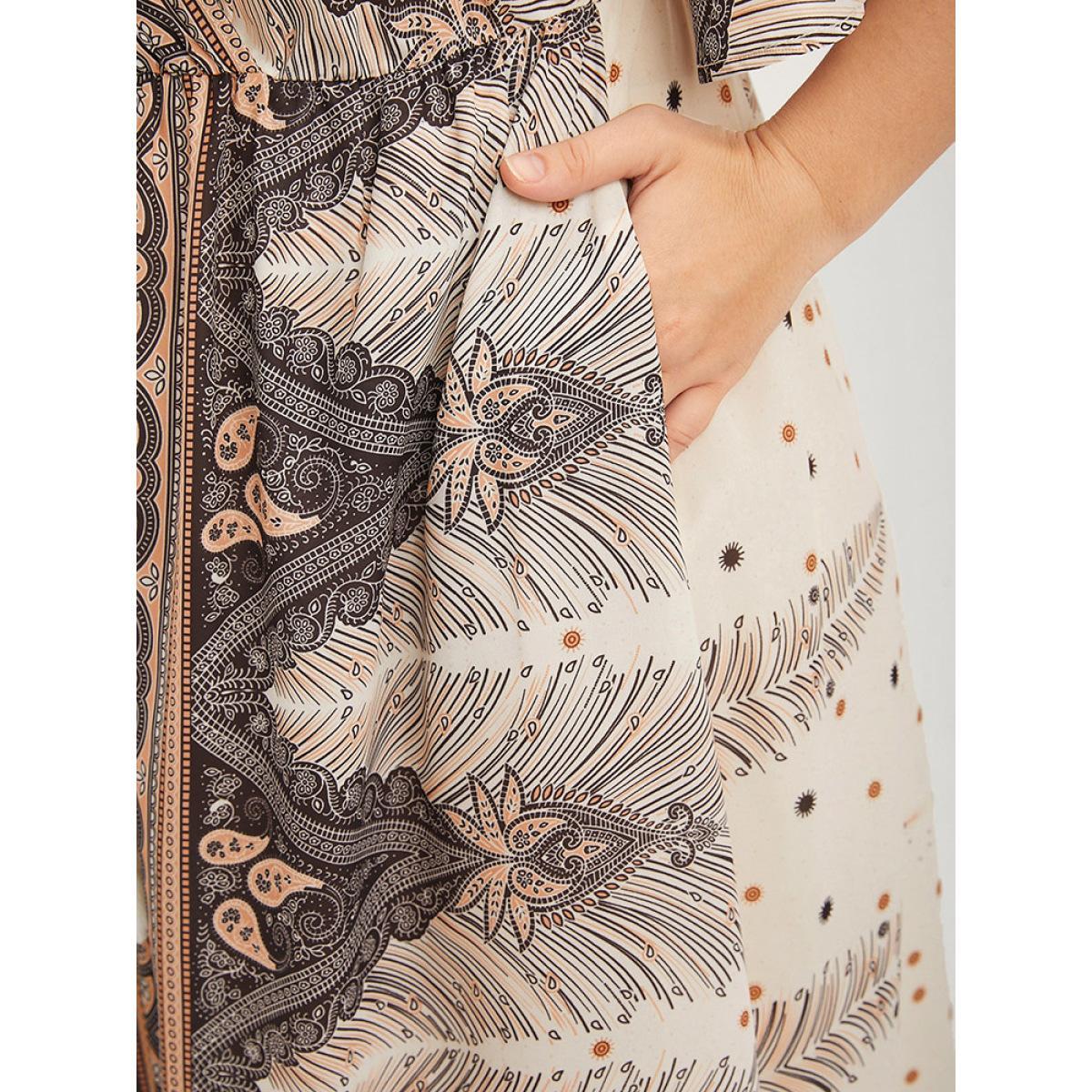 Plus Size Bandana Ruffles Button Split Pocket Ties Wrap Maxi Dress Apricot Women Vacation Printed V-neck Half Sleeve Curvy Long Dress BloomChic 22-24/3X Product Image