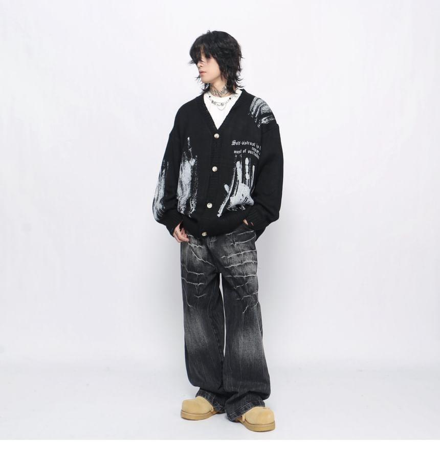 V-Neck Lettering Hand Print Cardigan Product Image