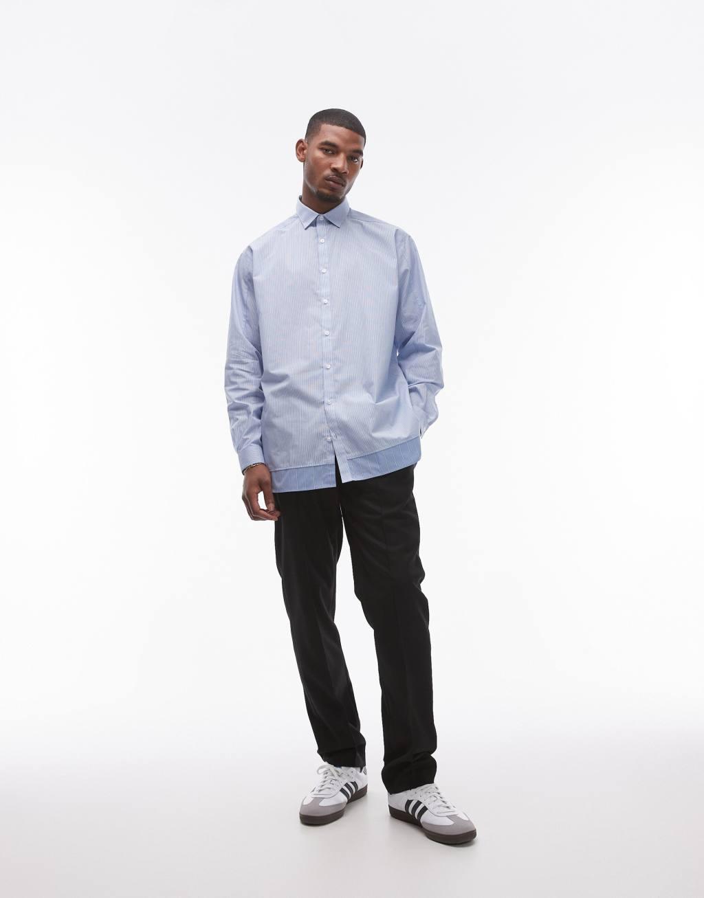 Topman long sleeve oversized spliced blue striped shirt Product Image
