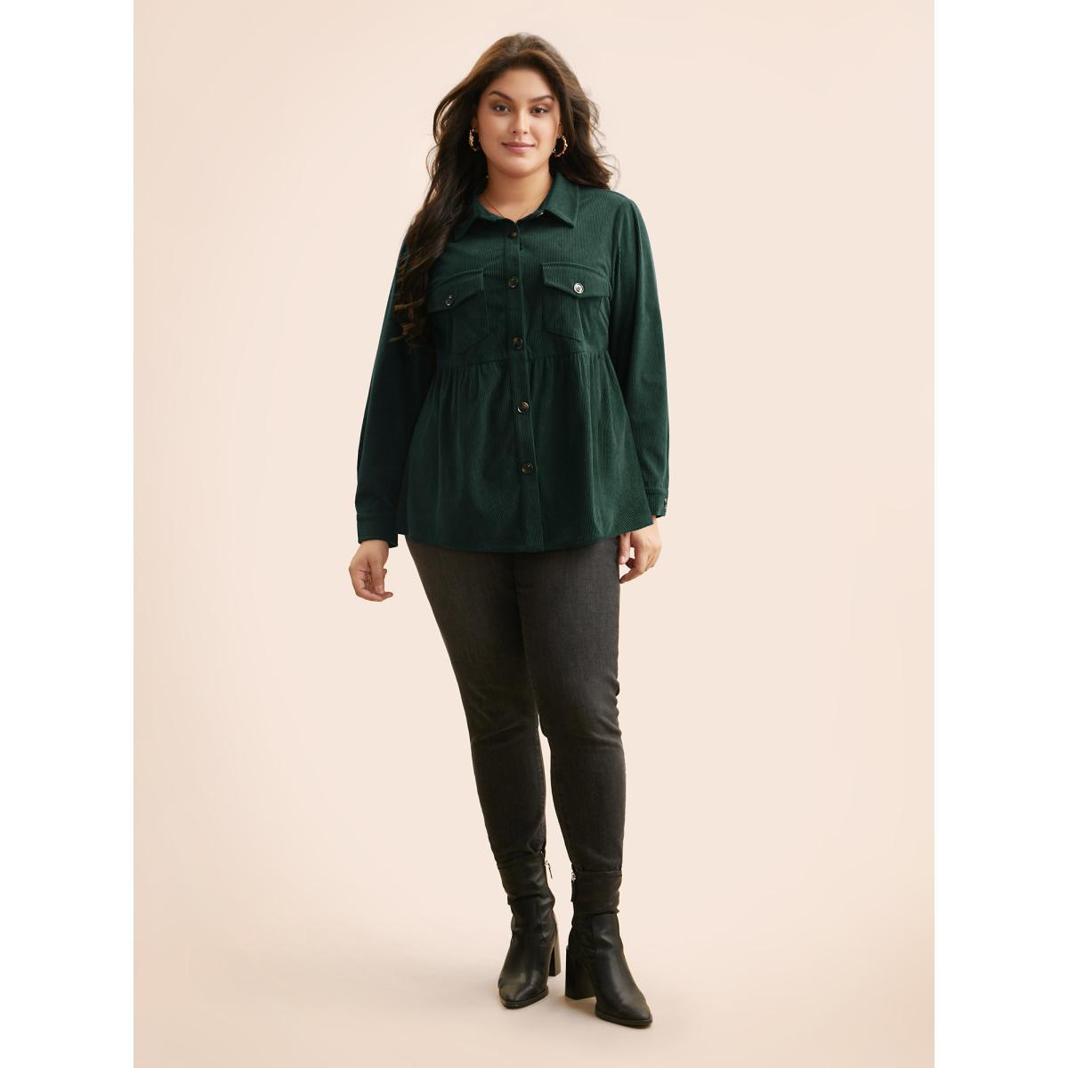 Plus Size Corduroy Collared Flap Detail Jacket Women DarkGreen Gathered Everyday Jackets BloomChic 30/6X Product Image
