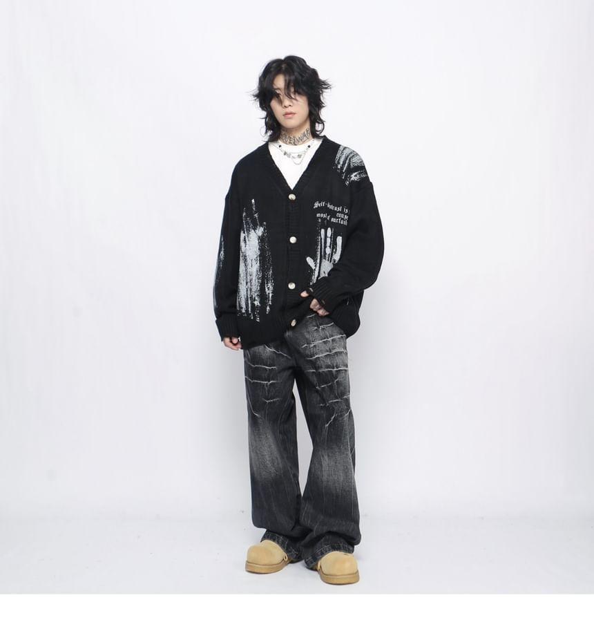 V-Neck Lettering Hand Print Cardigan Product Image
