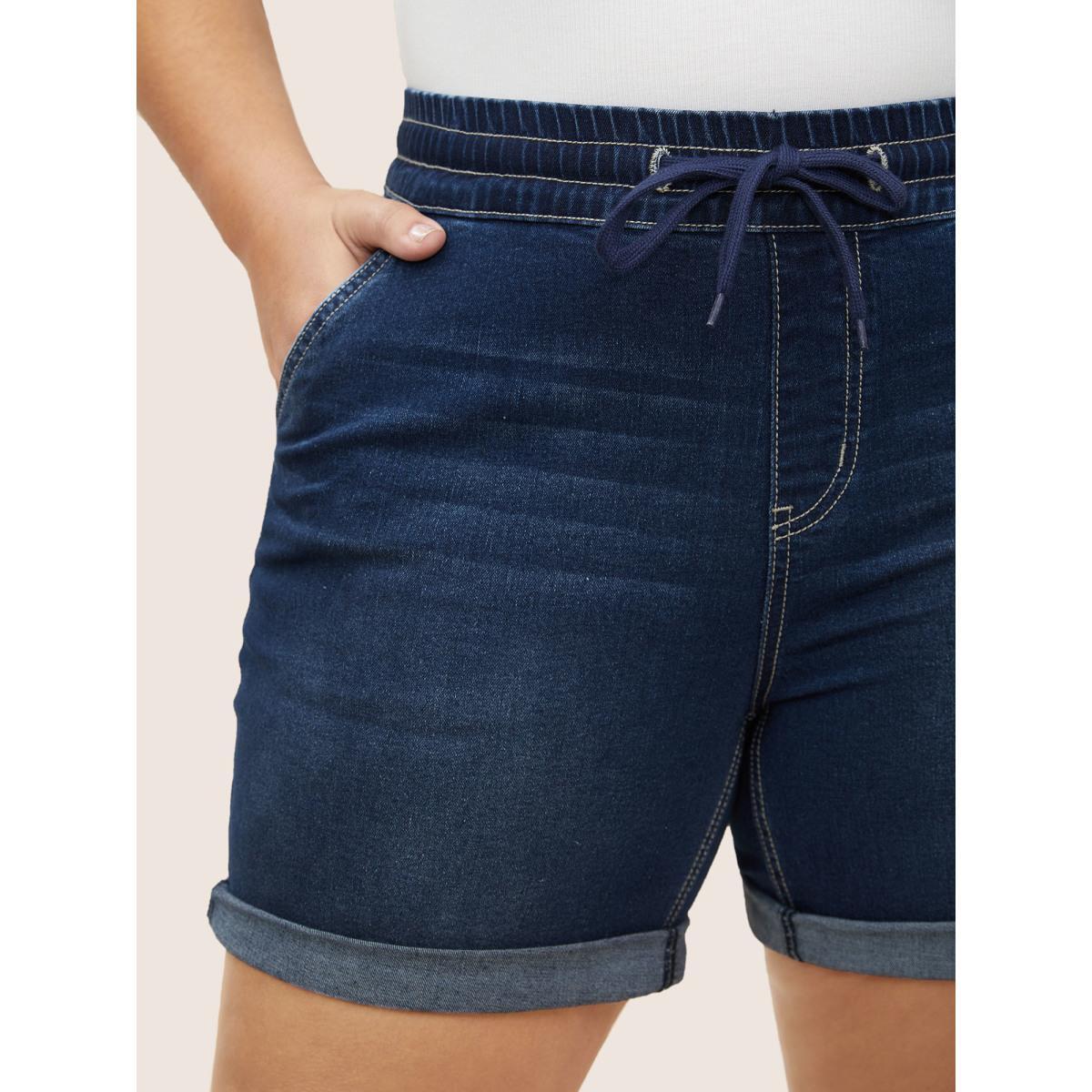 Plus Size Roll Hem Elastic Waist Drawstring Denim Shorts Women Indigo Drawstring High stretch Everyday Slanted pocket Casual Denim Shorts BloomChic 24/3X Product Image