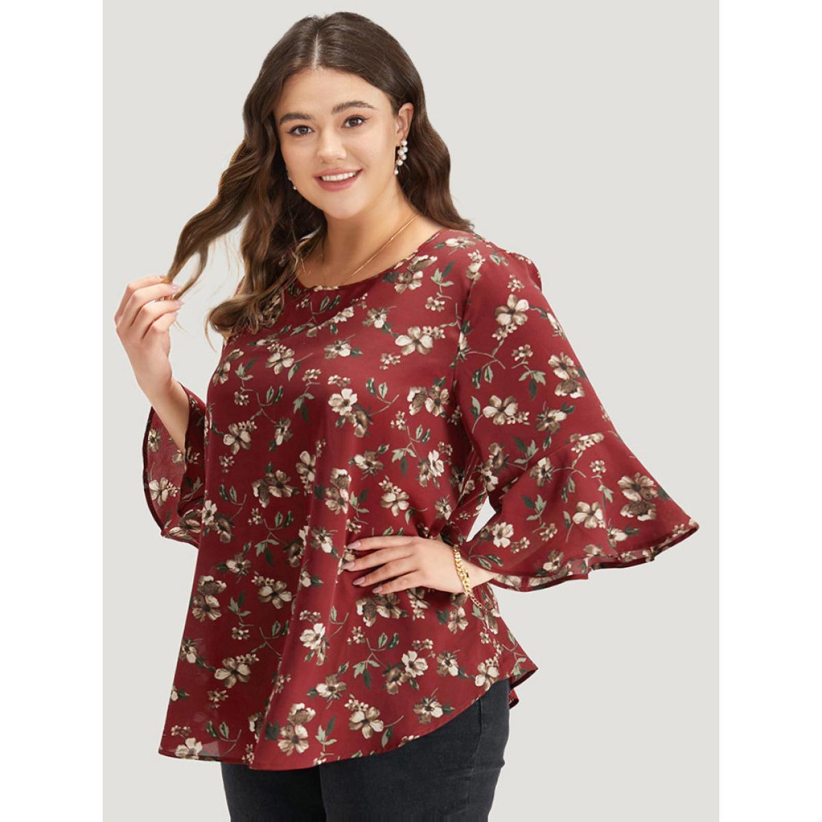 Plus Size Scarlet Floral Print Bell Sleeve Crew Neck Blouse Women Elegant Half Sleeve Round Neck Dailywear Blouses BloomChic 12/L Product Image
