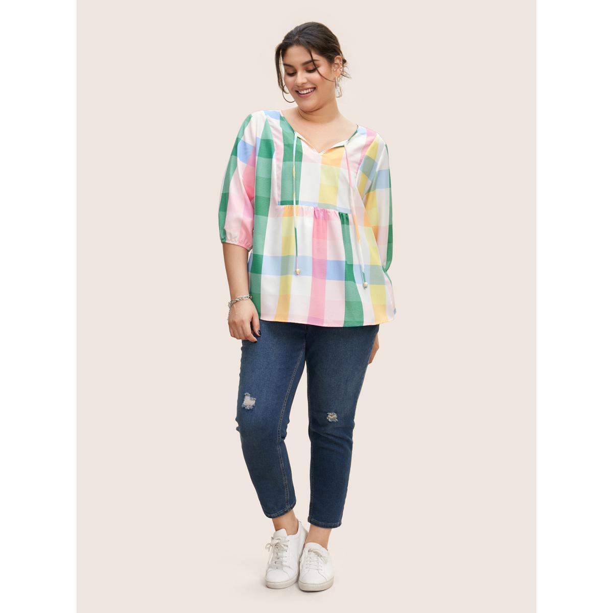 Plus Size Multicolor Contrast Plaid Tie Knot Lantern Sleeve Blouse Women Casual Elbow-length sleeve V-neck Everyday Blouses BloomChic 28/5X Product Image