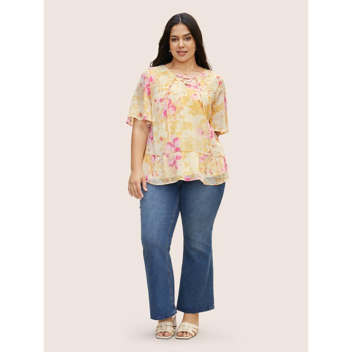 Plus Size Lightyellow Floral Flutter Sleeve Lace Up Blouse Women Elegant Half Sleeve V-neck Everyday Blouses BloomChic 14-16/1X Product Image