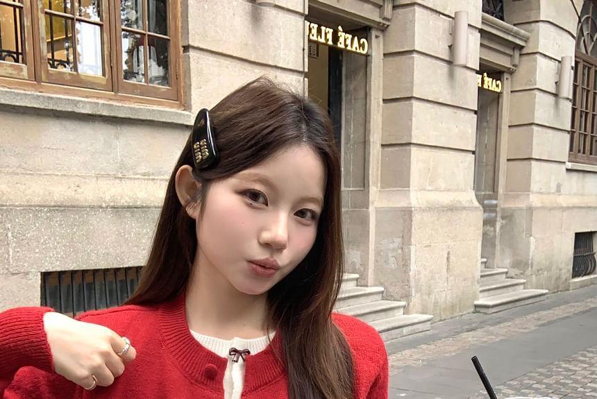 Bow-Accent Mock Two-Piece Crew-Neck Knit Top Product Image