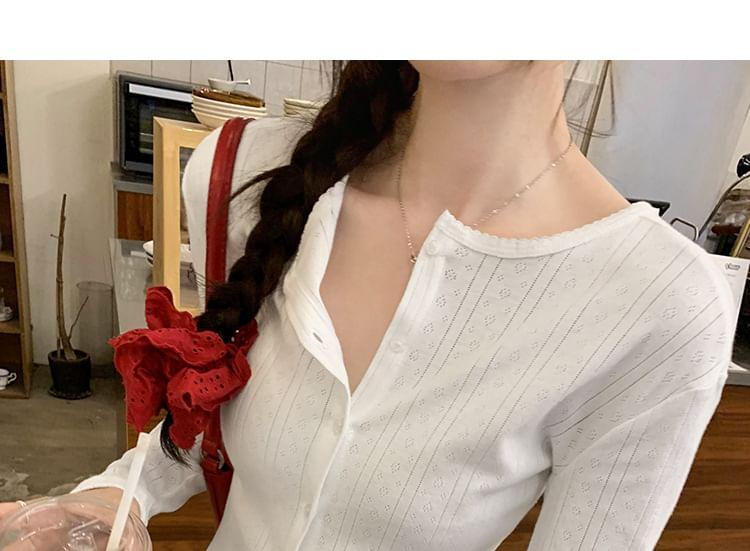 Long-Sleeve Crew Neck Plain Lace Trim Button-Up T-Shirt Product Image