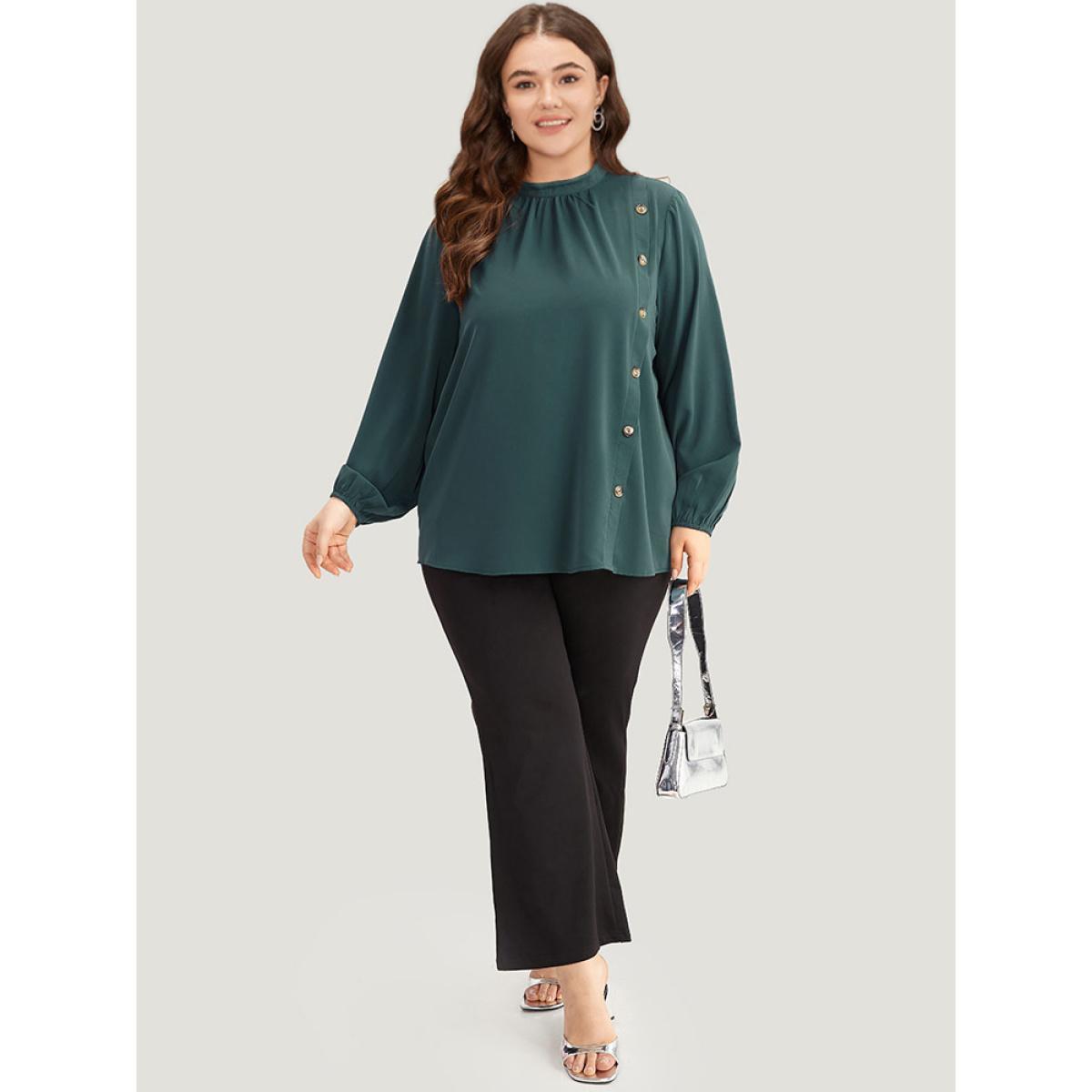 Plus Size Cyan Anti-Wrinkle Asymmetrical Button Gathered Blouse Women Office Long Sleeve Round Neck Work Blouses BloomChic 28/5X Product Image
