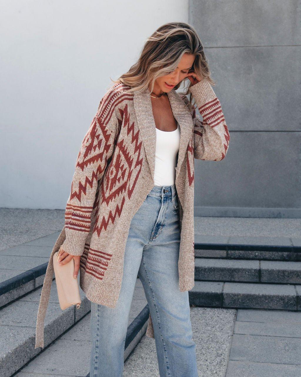 Taupe Aztec Belted Cardigan Female Product Image