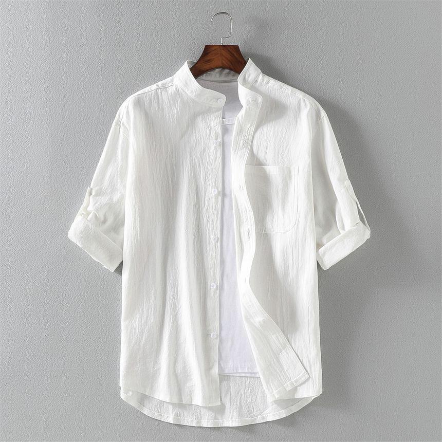 Elbow-Sleeve Stand Collar Linen Plain Shirt Product Image
